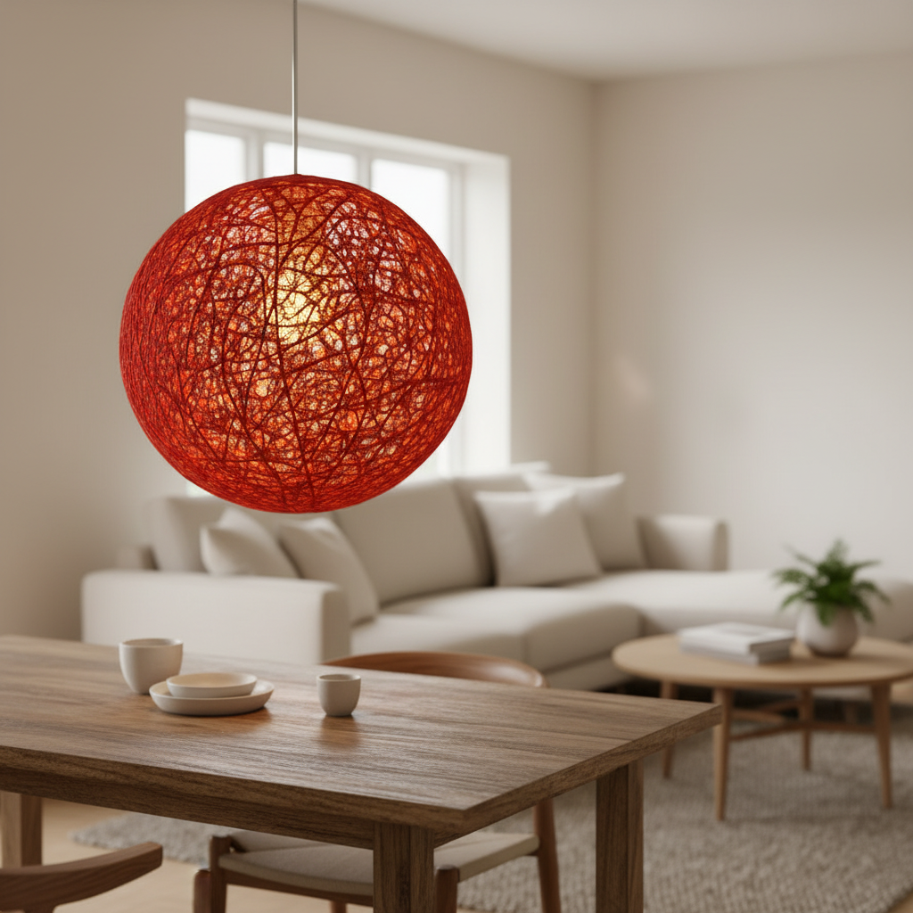 Red woven globe pendant on a white cord