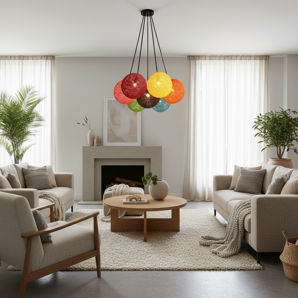Cluster of woven globe pendants in seven bright colours