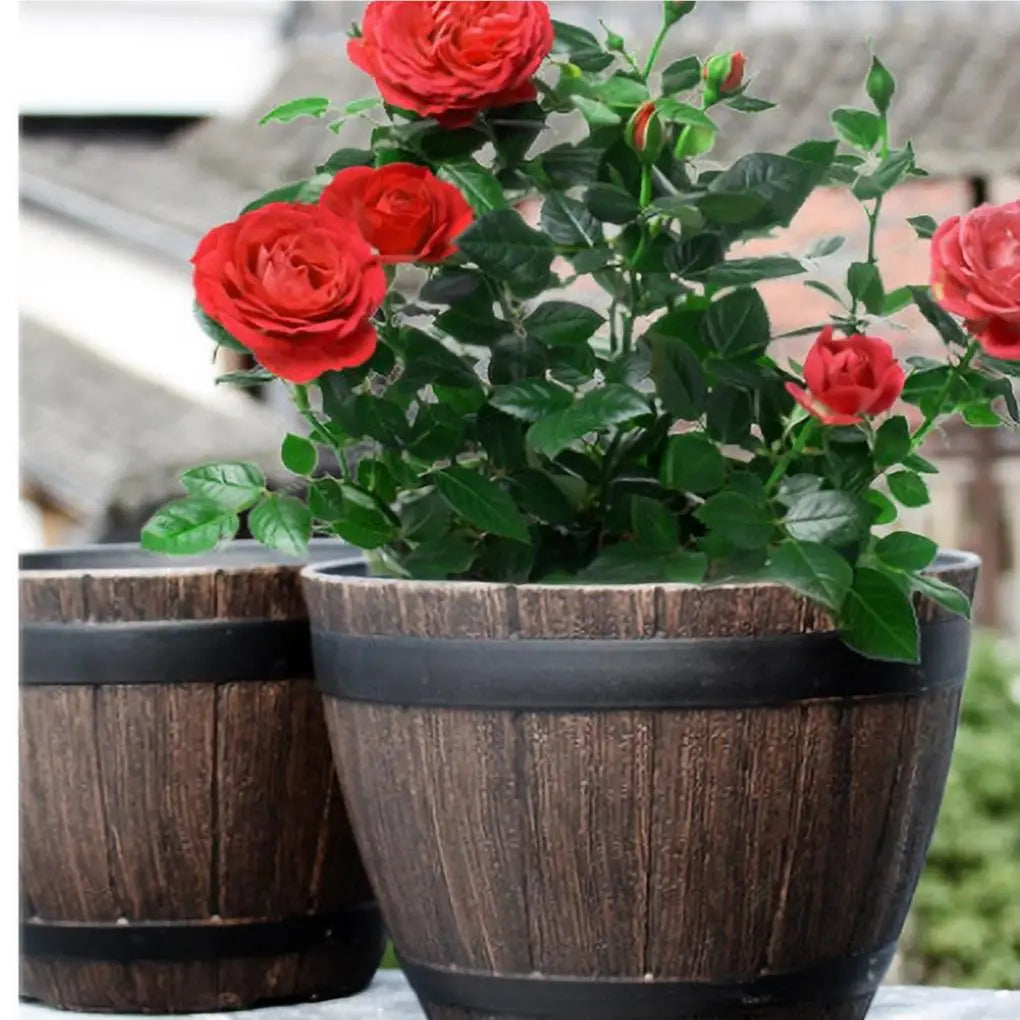 Wine barrel flower planter used for indoor greenery