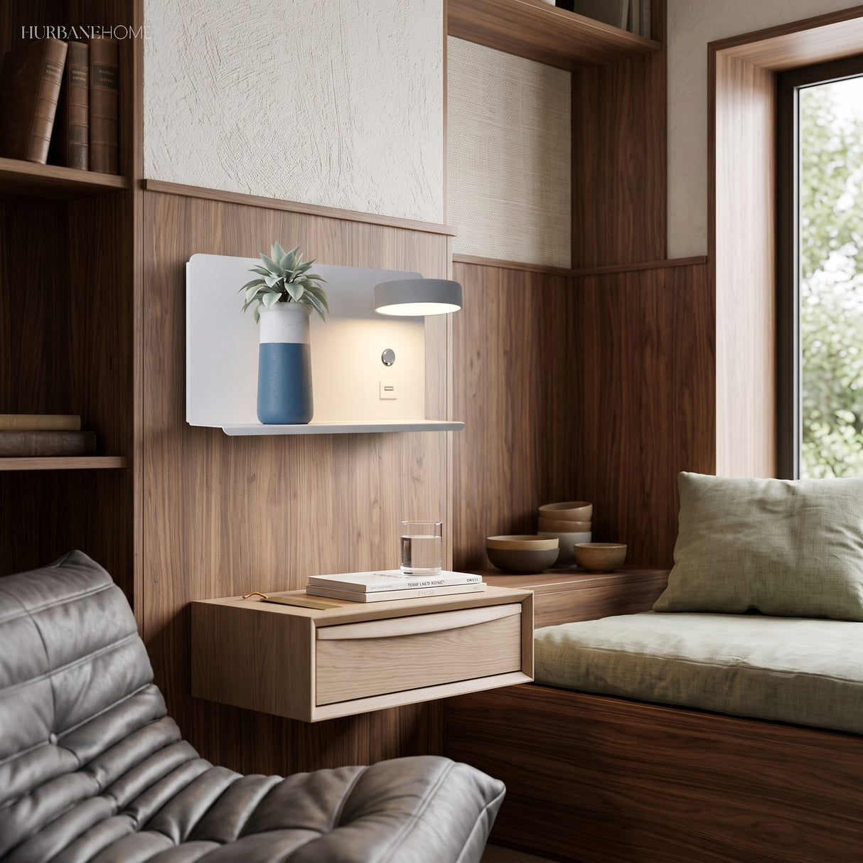 White wall lamp with shelf mounted in a modern interior