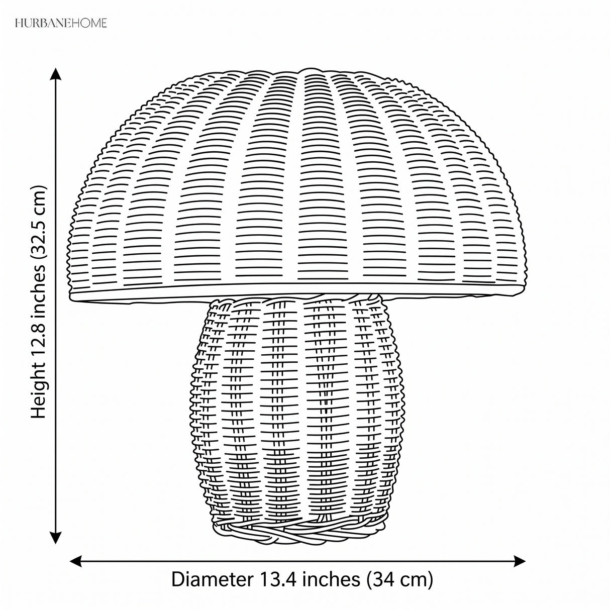 Line drawing of the rattan table lamp with 13.4 inch diameter and 12.8 inch height