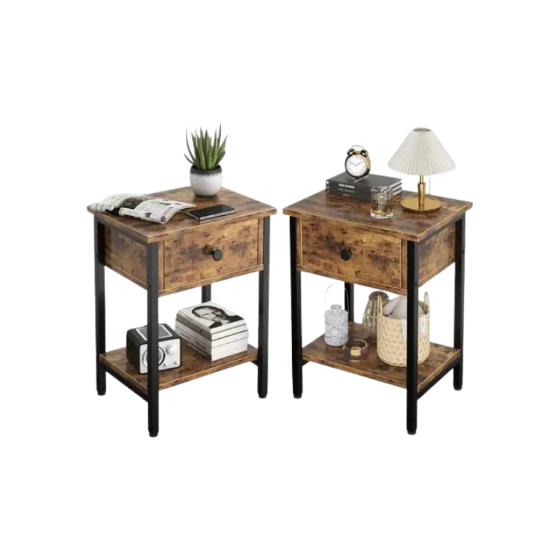 Wood and metal bedside table with drawer and black legs