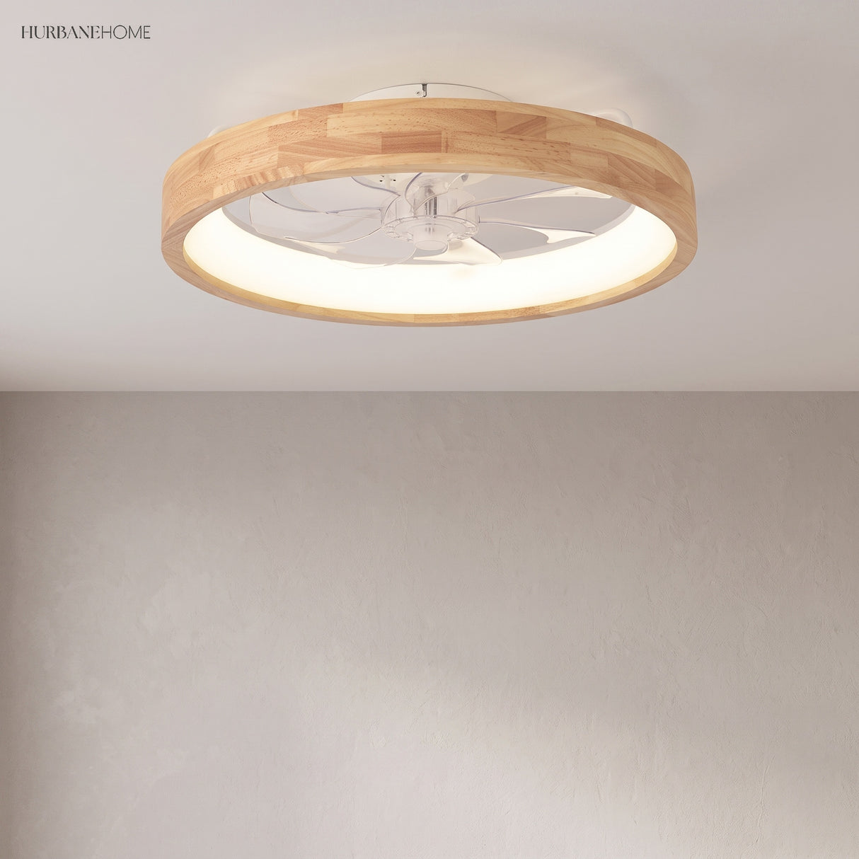 Low profile wood ceiling fan light with clear blades in a bedroom