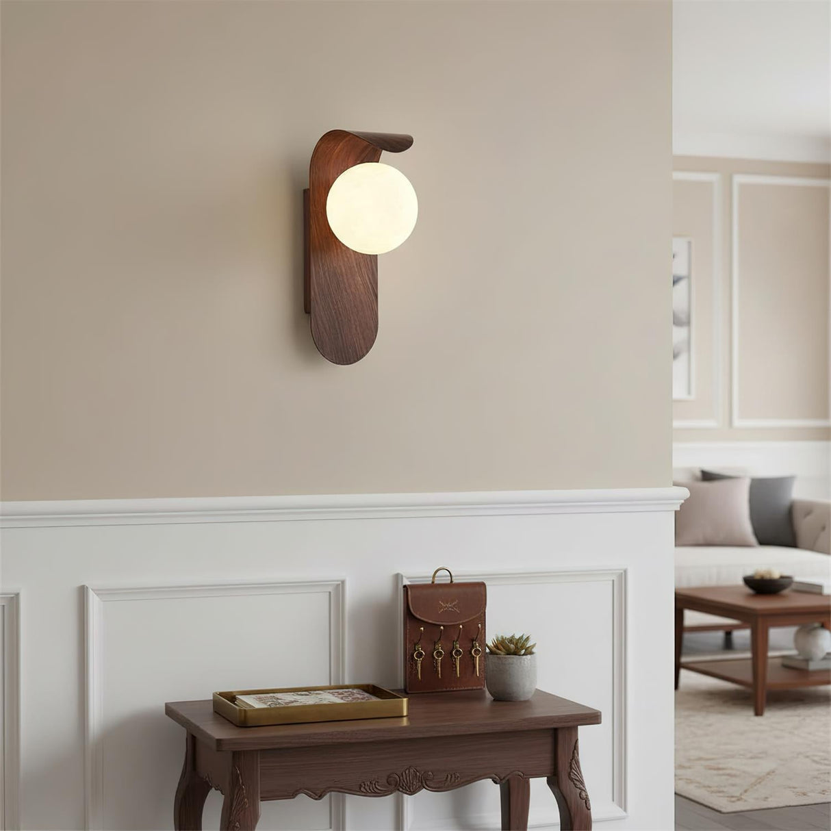 Curved wood grain backplate wall sconce angled studio view