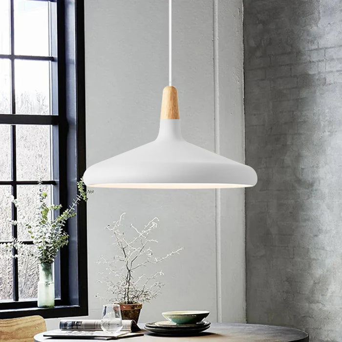 Wood and aluminum pendant light shown as a plain product view