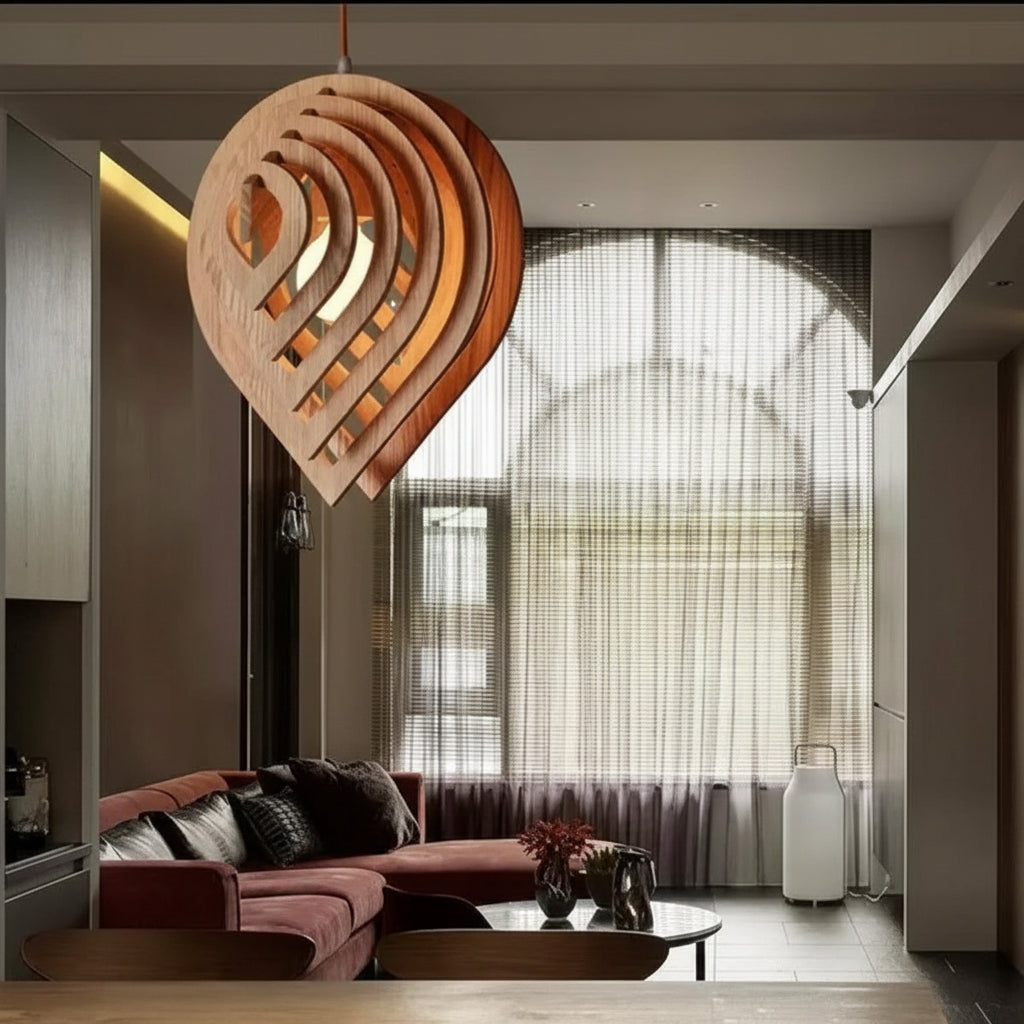 Wood teardrop pendant lit above a lounge with a pink sofa