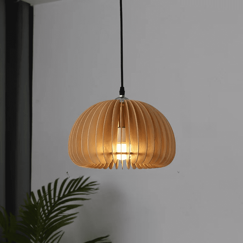 Wood slat dome pendant lit showing the bulb through the slats