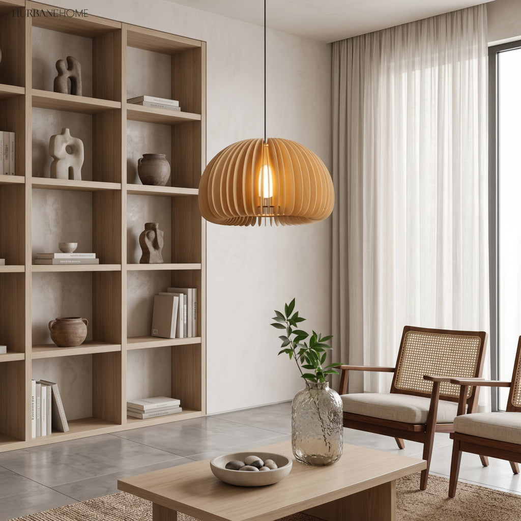 Wood dome pendant hanging beside open shelving in a bright living room