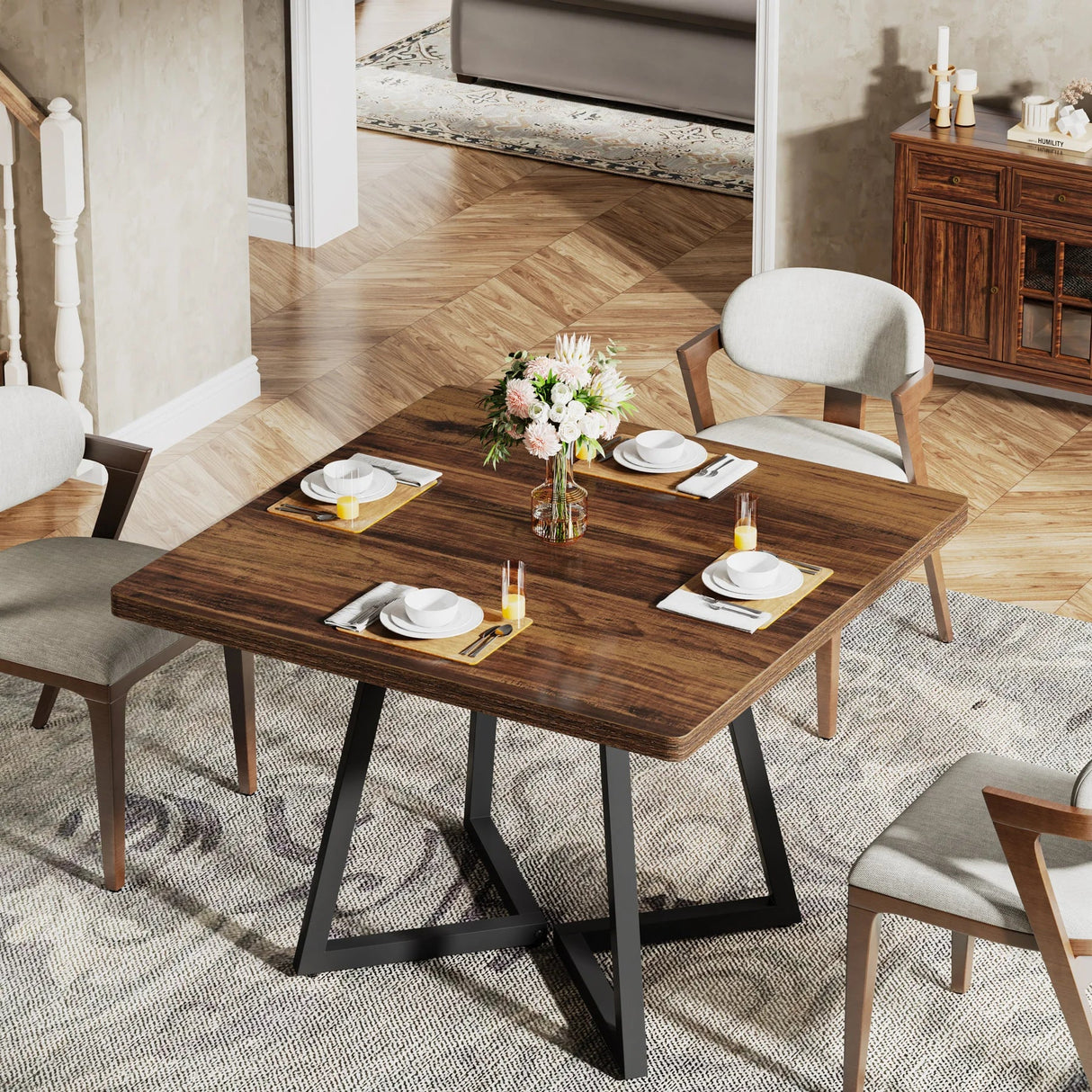 Wood Top Dining Table – Tribesigns Industrial Square Table for Four - Hurbane Home