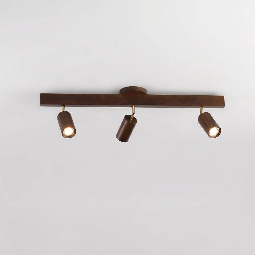 Walnut three head track bar measuring 80 cm long and rated 21 watts