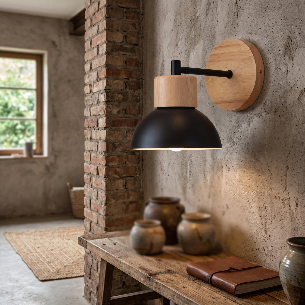 Wood wall sconce with a black iron dome lit on a rough plaster wall
