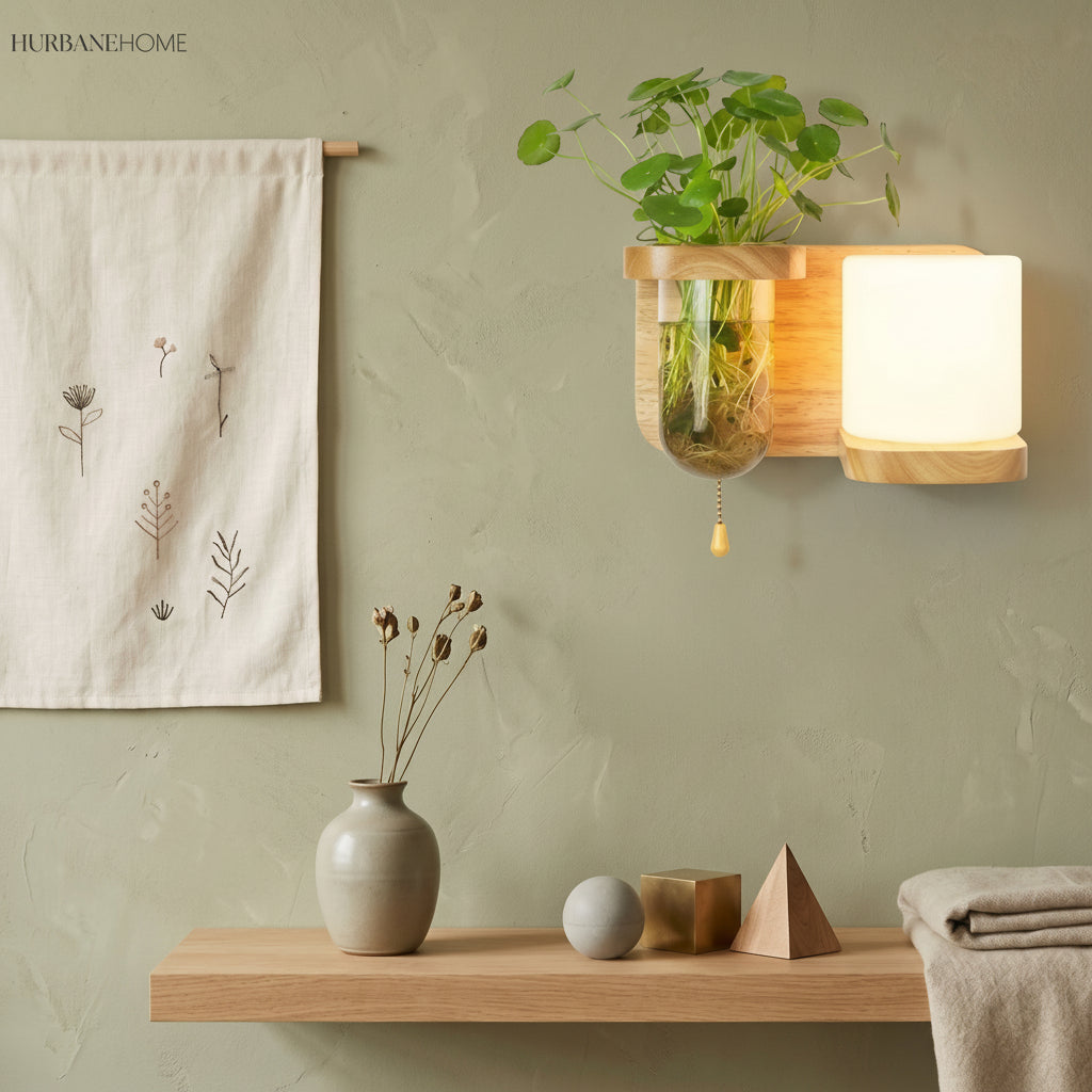 Wood sconce with a cylinder shade and a leafy plant vase