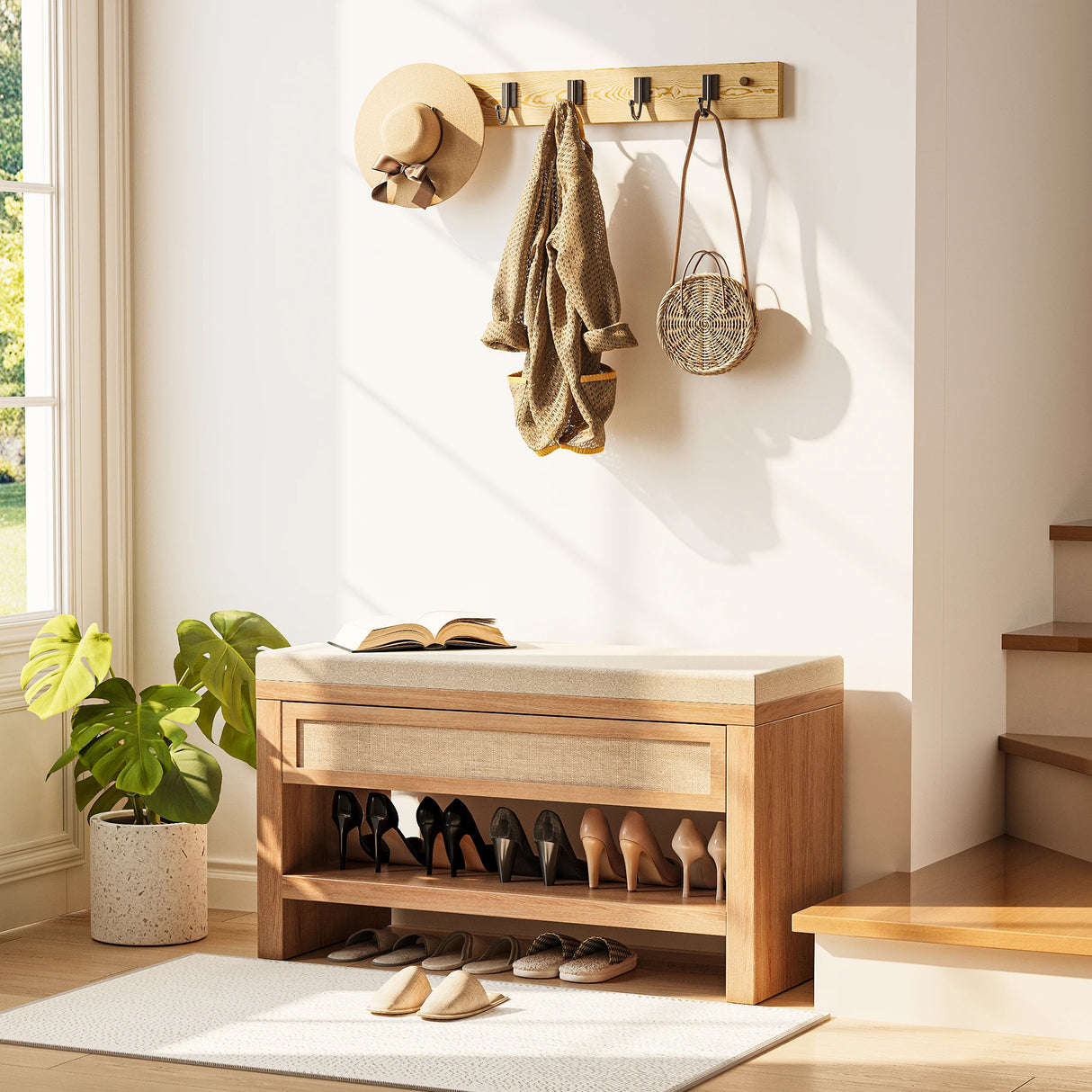 Farmhouse Entryway Bench – Rustic Shoe Bench with Drawer and Shelf.