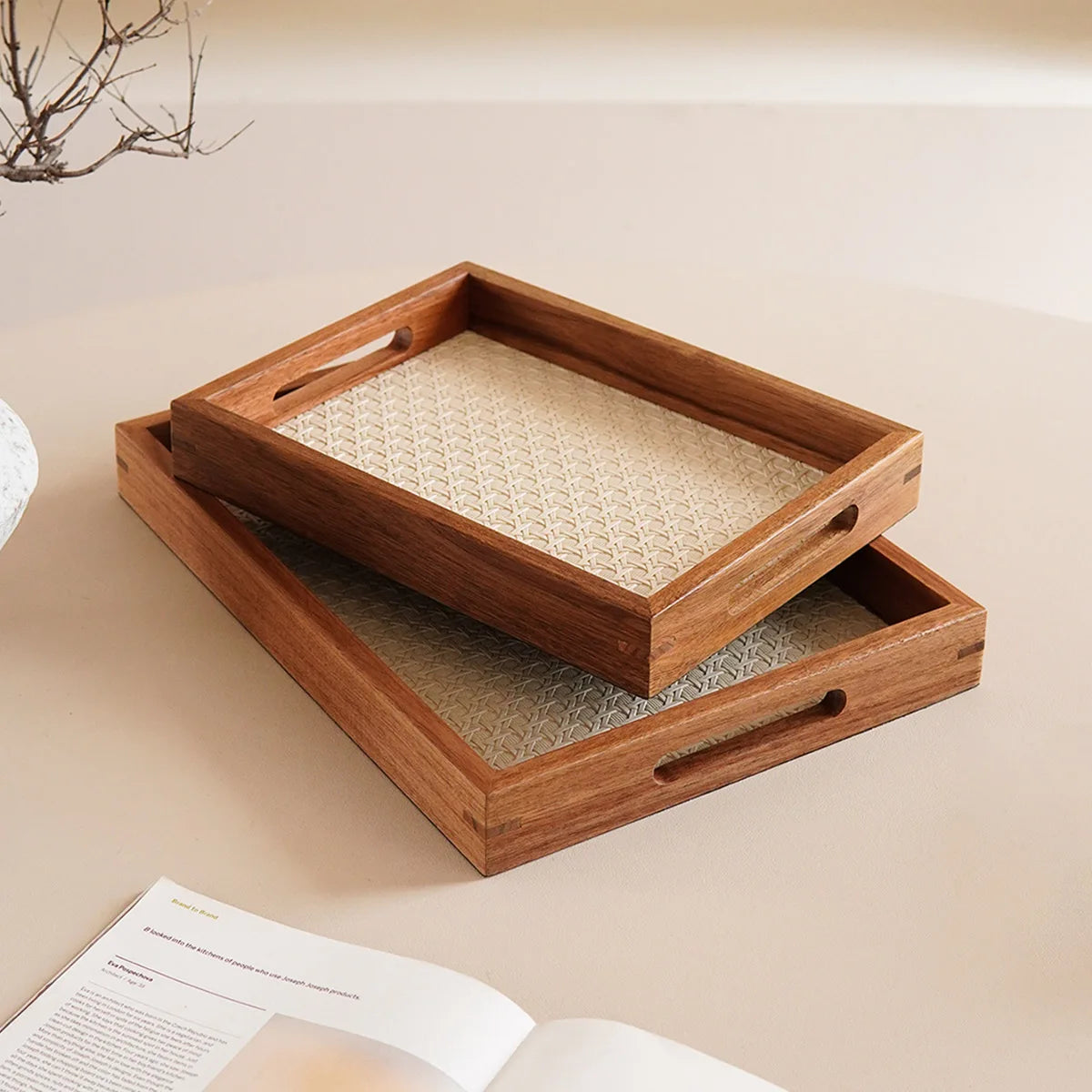 Wooden storage tray with bamboo pattern leather insert on vanity