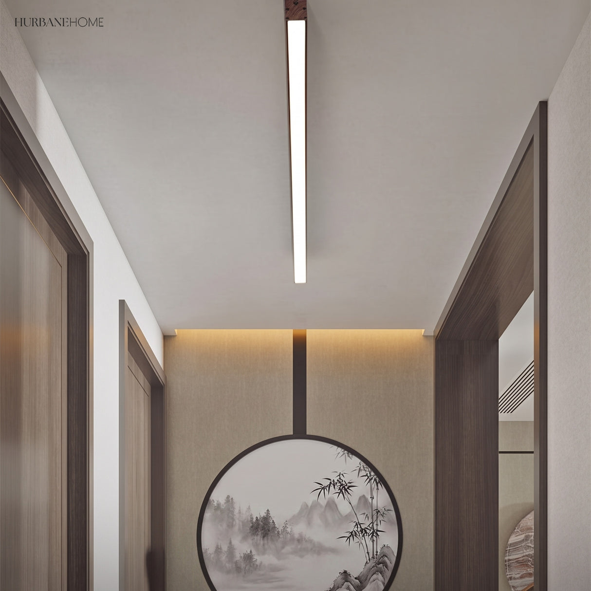 Wood grain LED flush mount bar light glowing in a narrow hallway