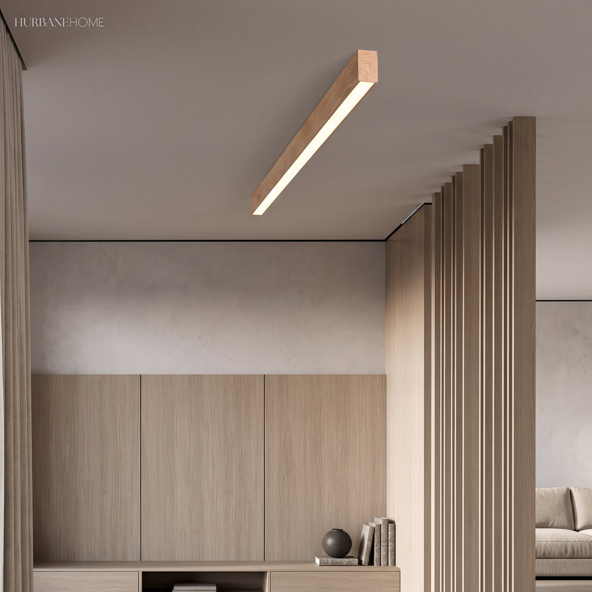 Wood grain LED strip fixture mounted flush across a styled interior
