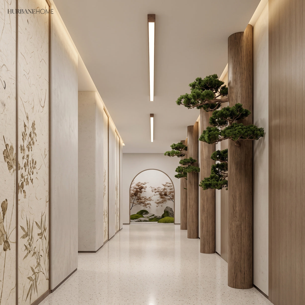 Two slim wood grain bar lights lining a bright minimalist corridor