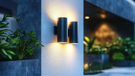 Black wall sconces providing soft ambient lighting for modern outdoor