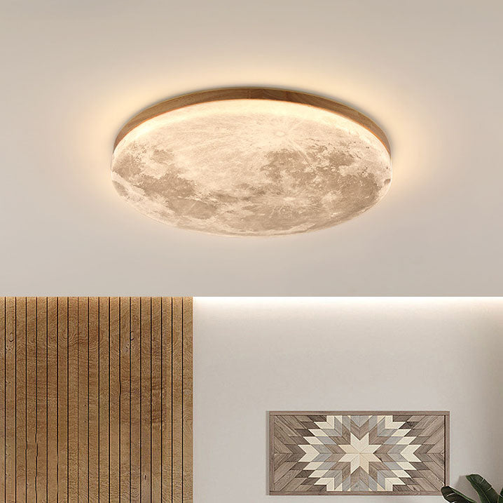 Wood-rim moon flush mount ceiling light product photo on a white backdrop