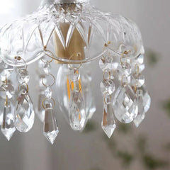 Close-up of a clear glass shade rim and crystal droplets over greenery