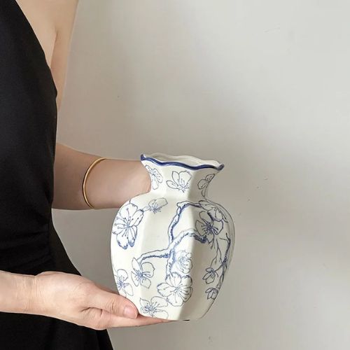 Blue White Porcelain Ceramic Vase Hand-Painted Floral Home Decor