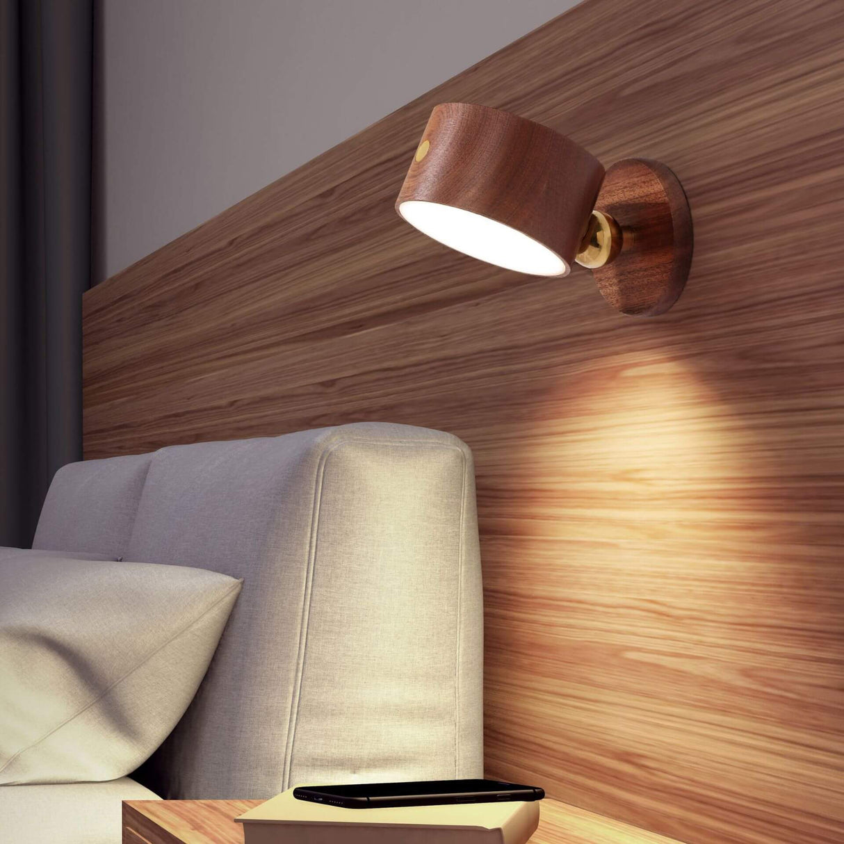 Beech cordless wall sconce head tilted forward showing the lit LED face