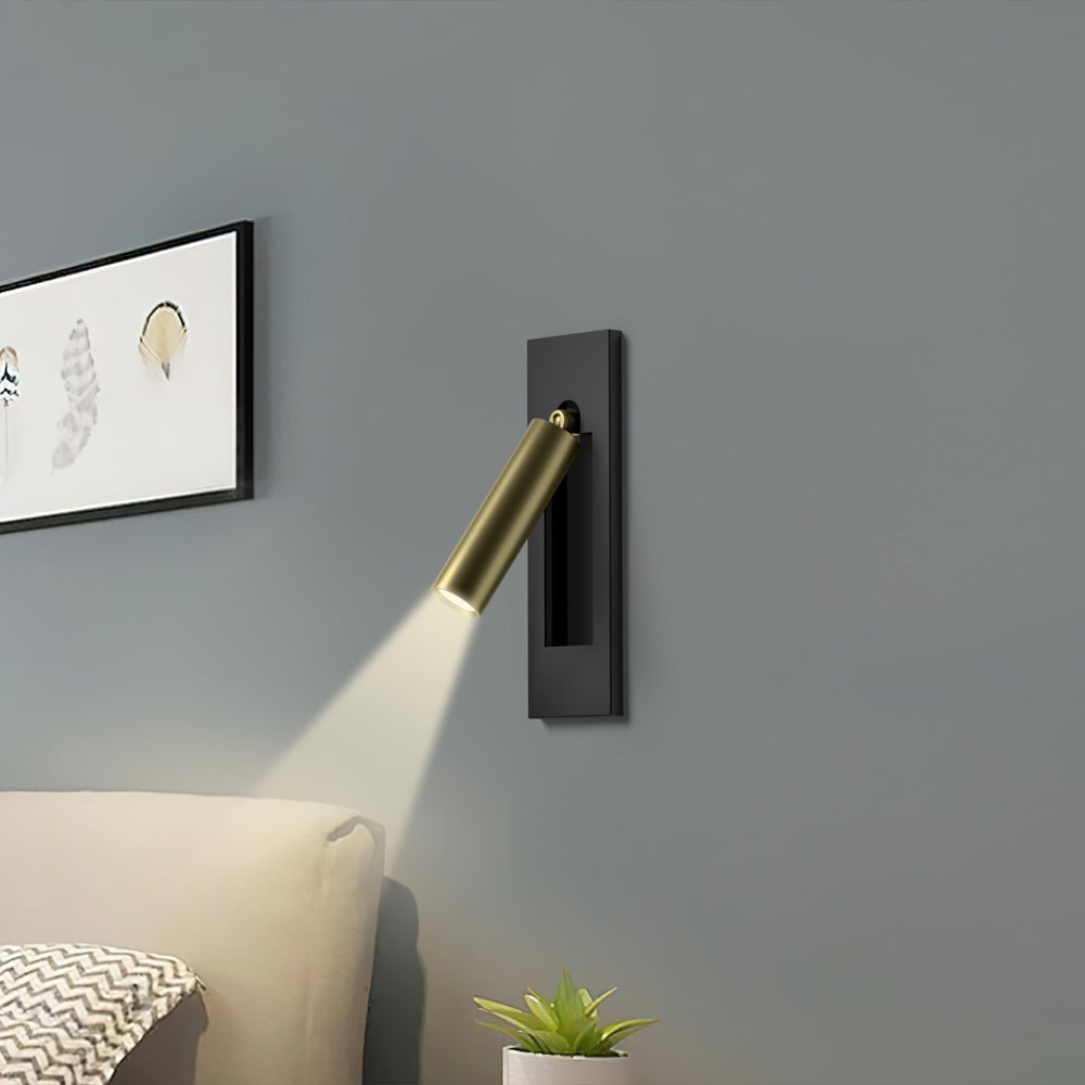 Bedside reading light mounted over a wooden floating nightstand