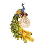 Green peacock wall sconce with jewelled eye-spots along the tail feathers