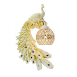 Cream peacock wall sconce facing left with a sculpted flowing feather tail