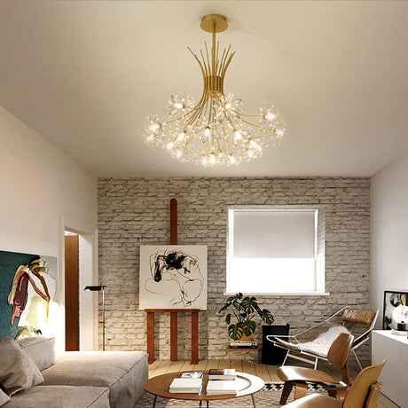 Gold glass chandelier in a living room with a brick wall and easel