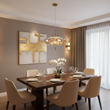 A modern pendant light with a clear glass dome and warm glowing crystal-like interior, suspended by a slim rod against a gray gradient background. White dimension labels indicate 35 cm width and 32 cm height.