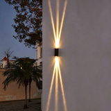 Rectangular wall light glowing up and down beside a palm tree on a white wall