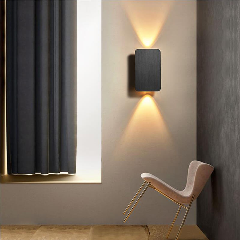 Brushed finish detail of the rectangular aluminium wall sconce