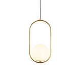 Gold oval frame opal glass globe pendant lit on a plain white studio background