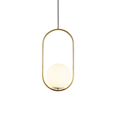 Gold oval frame opal glass globe pendant lit on a plain white studio background