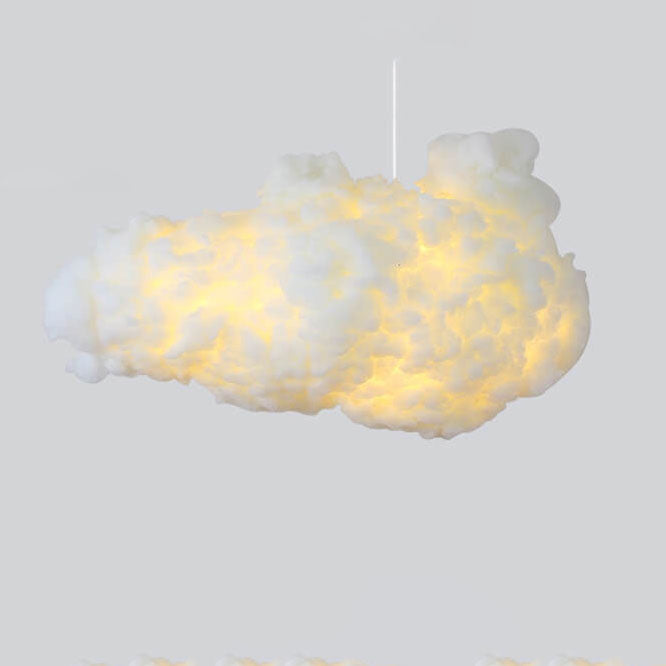 Textured fluffy cloud pendant light glowing softly on a grey background