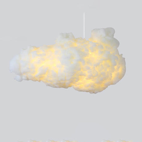 Textured fluffy cloud pendant light glowing softly on a grey background