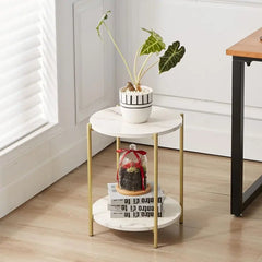 2 Tier Round Side Table - Folding End Table With USB Port - Marble End Table - Hurbane Home