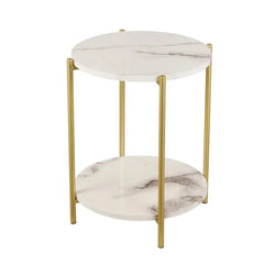 2 Tier Round Side Table - Folding End Table With USB Port - Marble End Table - Hurbane Home