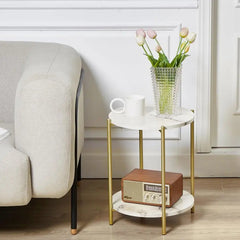2 Tier Round Side Table - Folding End Table With USB Port - Marble End Table - Hurbane Home