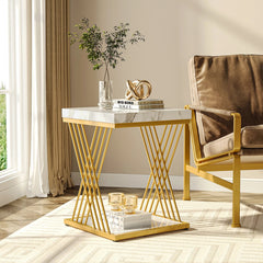 2 Tier Side Table – Tribesigns White Marble Square with Gold Frame - Hurbane Home