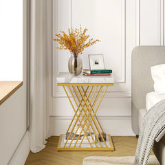 2 Tier Side Table – Tribesigns White Marble Square with Gold Frame - Hurbane Home