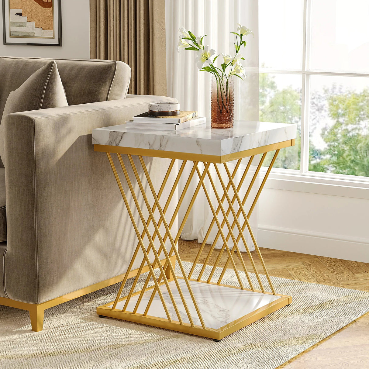 2 Tier Side Table – Tribesigns White Marble Square with Gold Frame - Hurbane Home