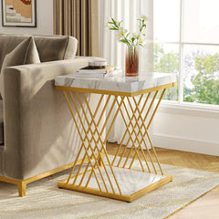 2 Tier Side Table – Tribesigns White Marble Square with Gold Frame - Hurbane Home