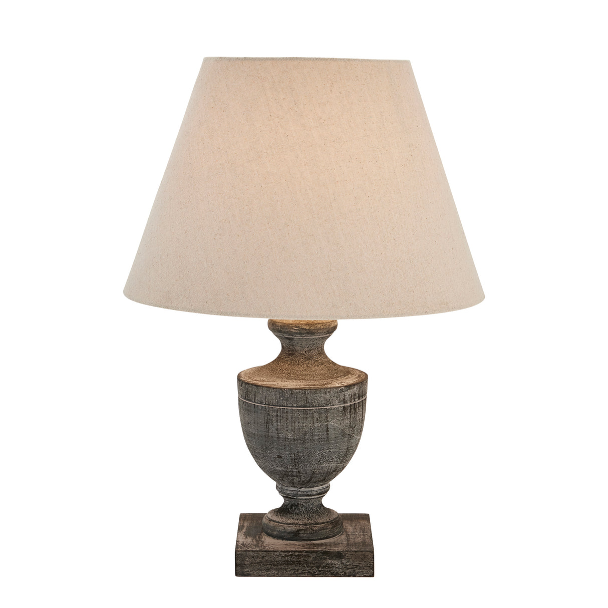 Incia Urn Grey-Washed Wooden Table Lamp with Linen Shade