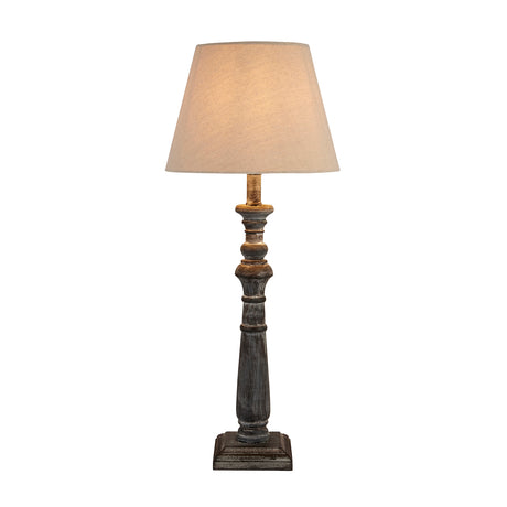 Grey-Washed Wooden Column Table Lamp with Neutral Linen Shade