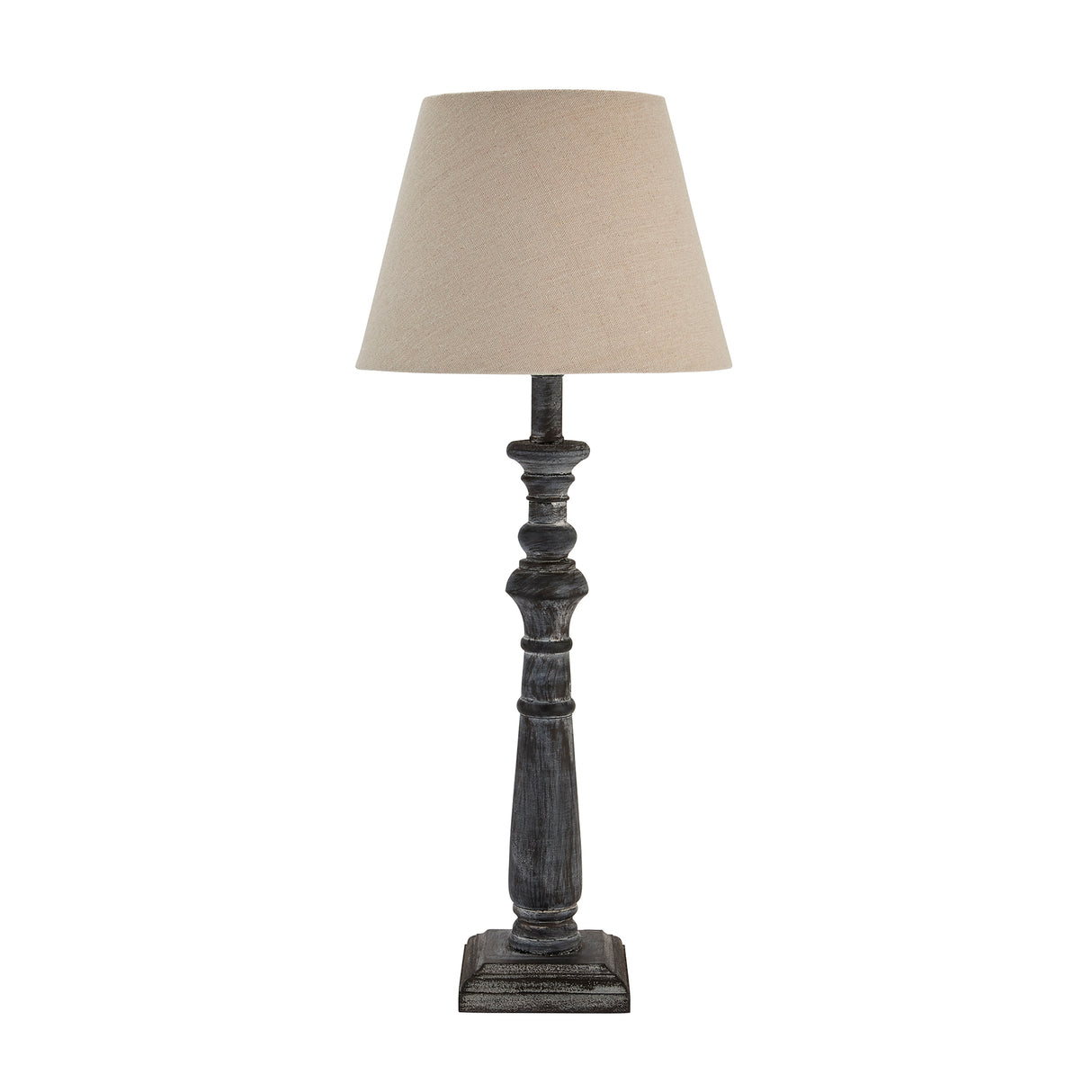 Grey-Washed Wooden Column Table Lamp with Neutral Linen Shade