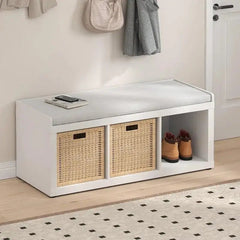 3 Cube Storage Bench – Cushioned White Entryway Seating Organizer - Entryway Storage Bench - Hurbane Home