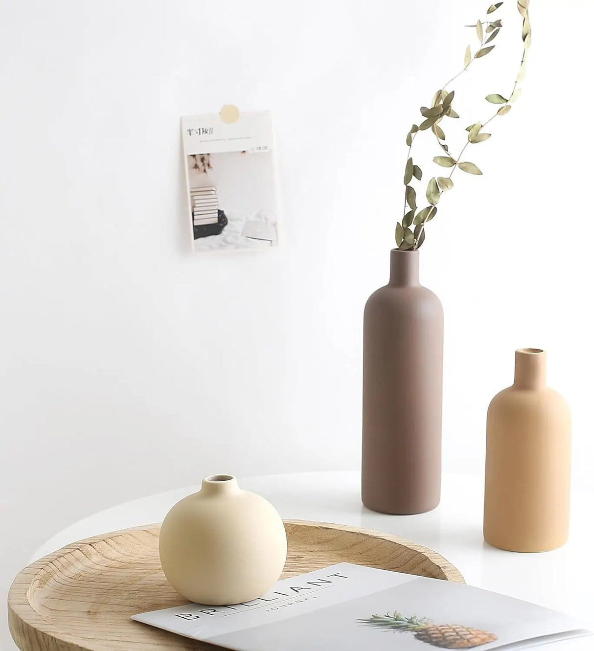 3 Piece Cylinder Vase Set – Rustic Ceramic Farmhouse Boho Centerpiece - Hurbane Home