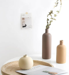 3 Piece Cylinder Vase Set – Rustic Ceramic Farmhouse Boho Centerpiece - Hurbane Home